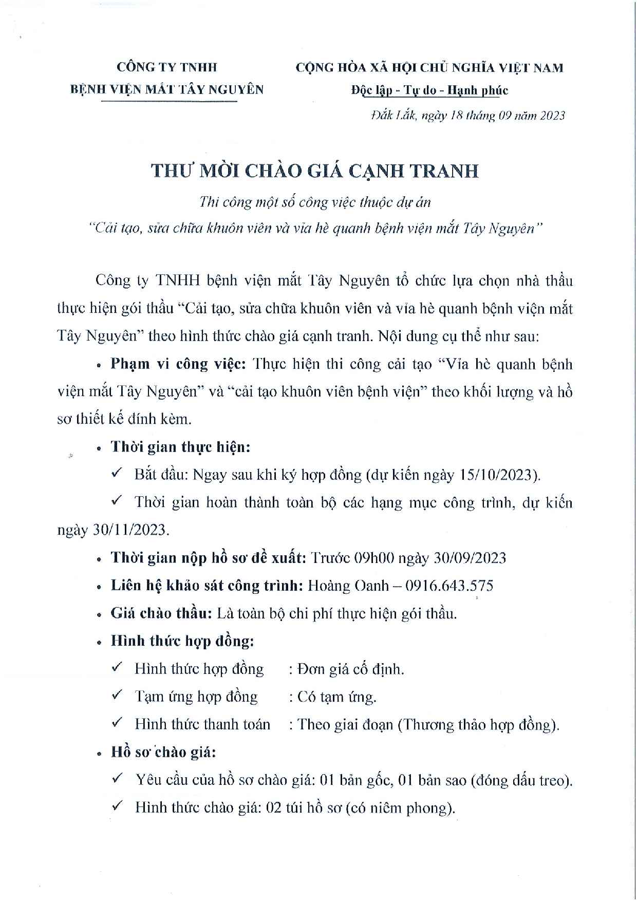 THƯ MỜI CHÀO GIÁ CẠNH TRANH